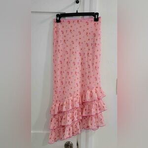Kimchi Blue pink floral sheer maxi skirt with ruffles at bottom